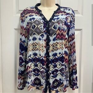 DESIGUAL Roll Tab Sleeve Aztec Pattern Crochet Button Up Blouse Women Large EUC